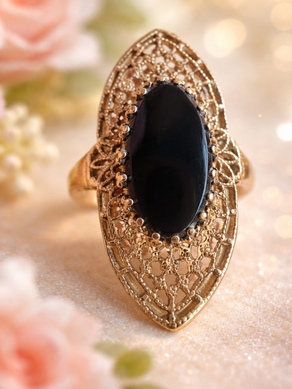 10k gold Filigree Ring with Blsck onyx Oval Stone - Women Jewelry